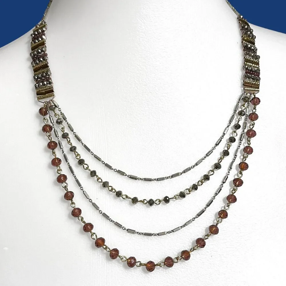 Layered Necklace Faceted Glass Linked Beads Silver Tone Feminine Boho Jewelry